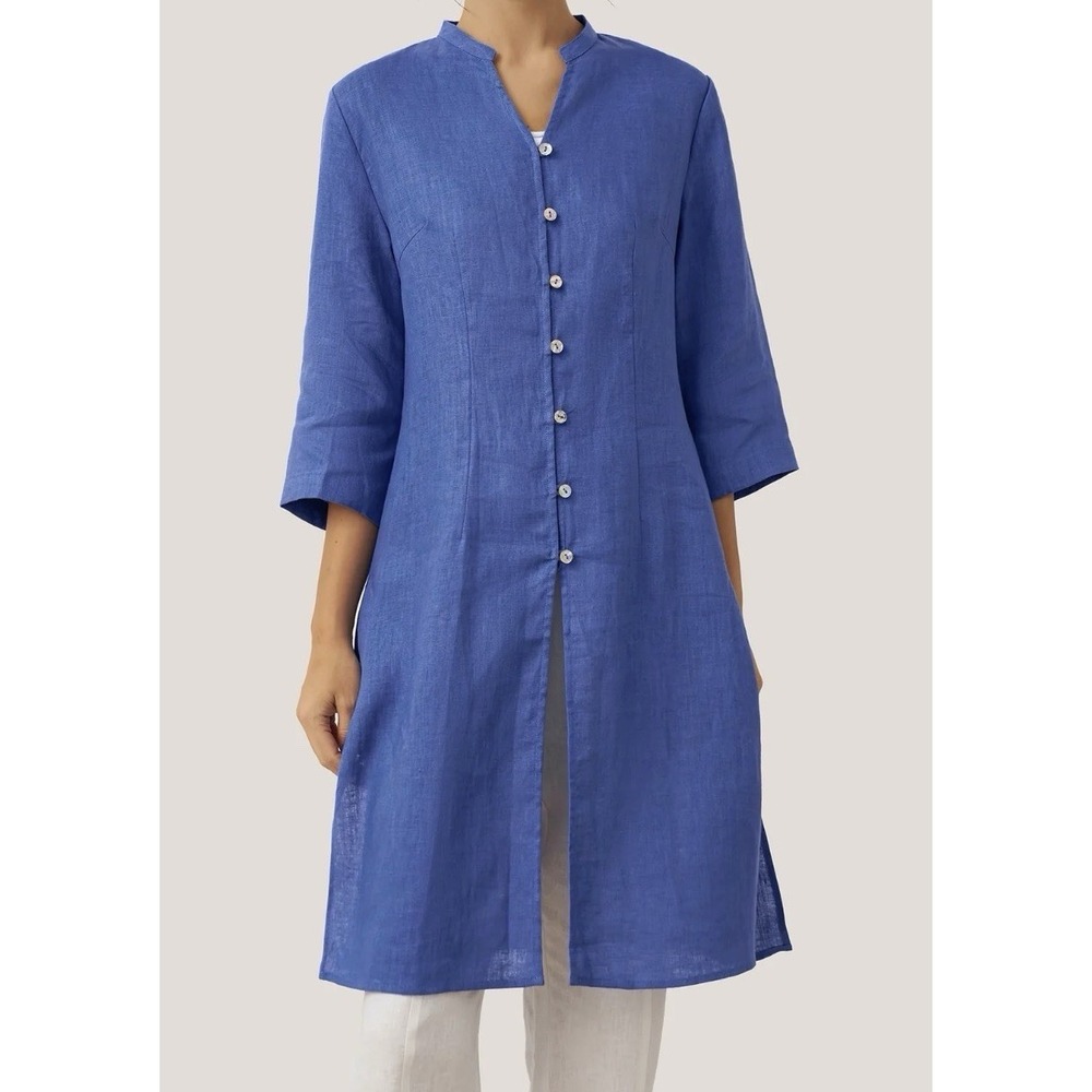 Lintico Women's XXL Linen Hand Button Long Top Dillon Side Slit Blue Lagenlook
